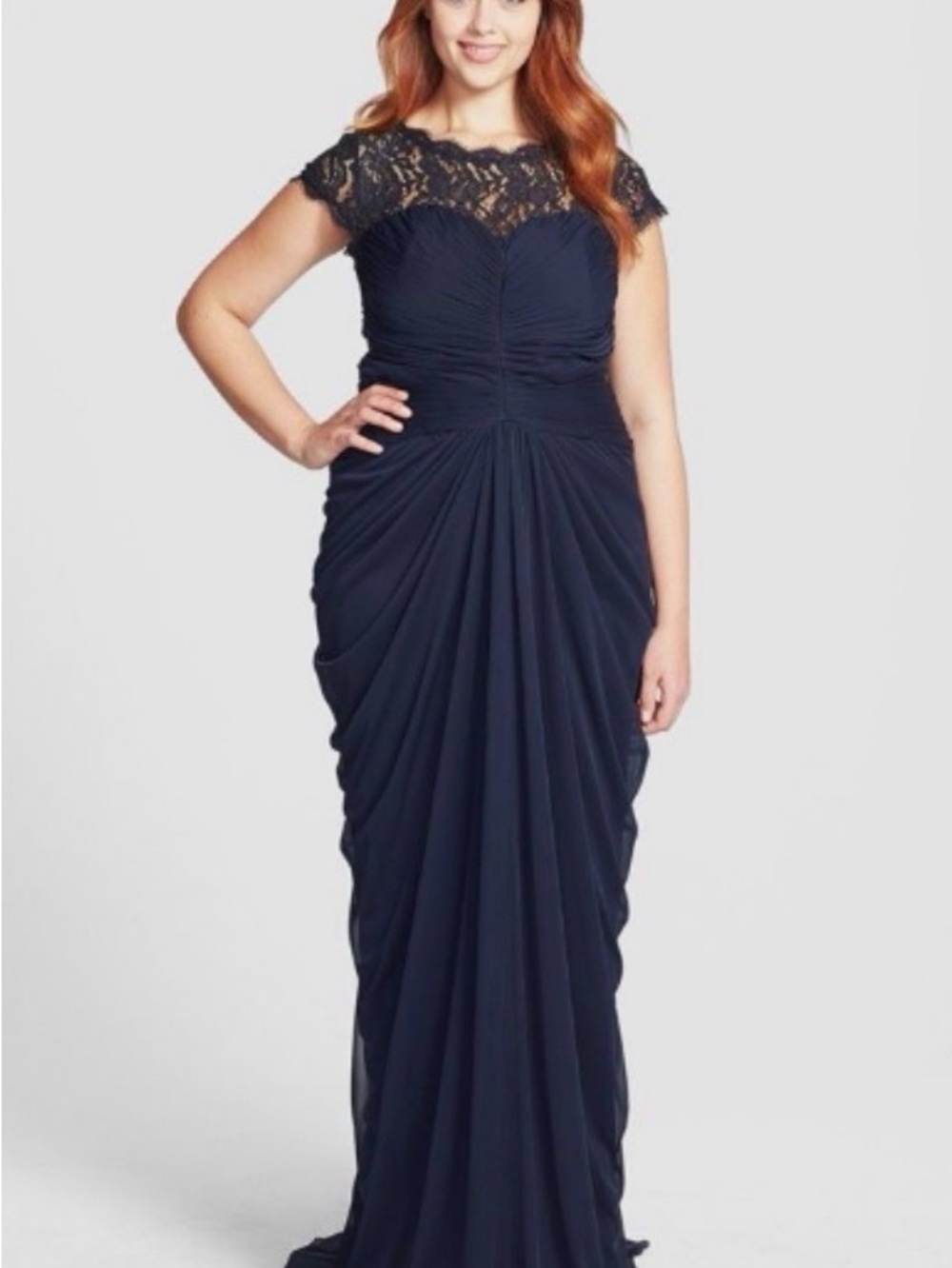 Adrianna Papell Navy Lace Cap-Sleeve Ruched Evening Gown Size 6